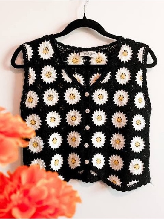 Lulla Collection Tops - Black Crochet Daisy Button-Front Vest- Lulla Collection